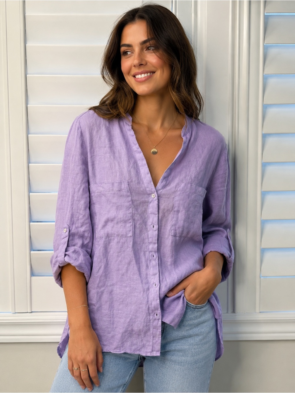 Relaxed Lavender Button-Down Women's Linen Top